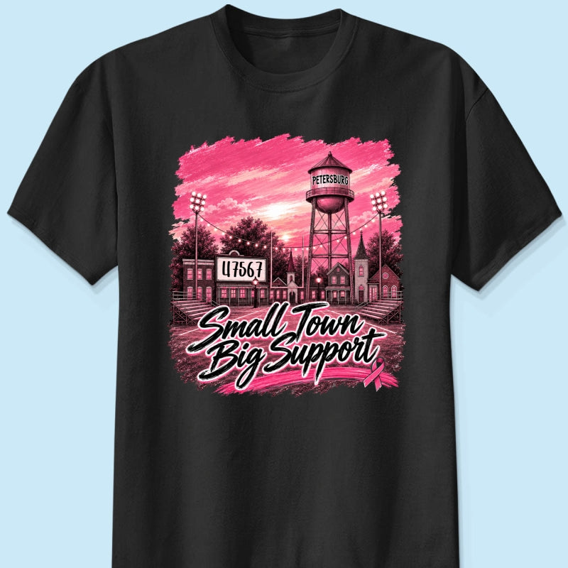 Small Town Big Support Breast Cancer Ribbon Football - Personalized Shirt - Coquette Game Day Mom Tee