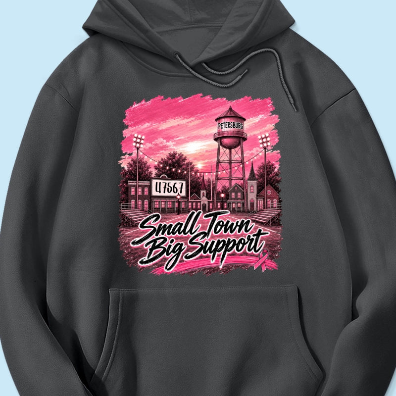 Small Town Big Support Breast Cancer Ribbon Football - Personalized Shirt - Coquette Game Day Mom Tee