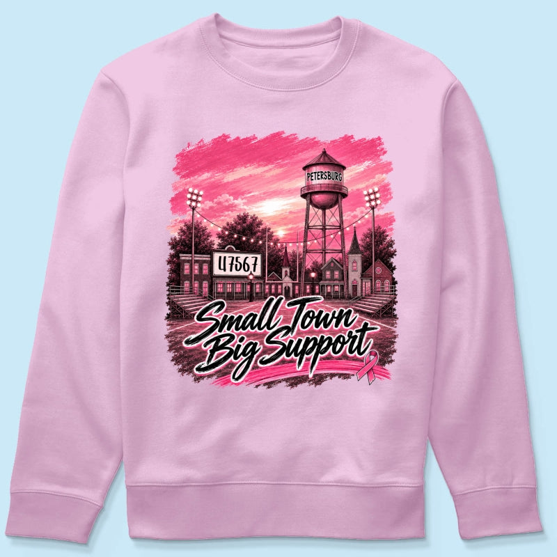 Small Town Big Support Breast Cancer Ribbon Football - Personalized Shirt - Coquette Game Day Mom Tee