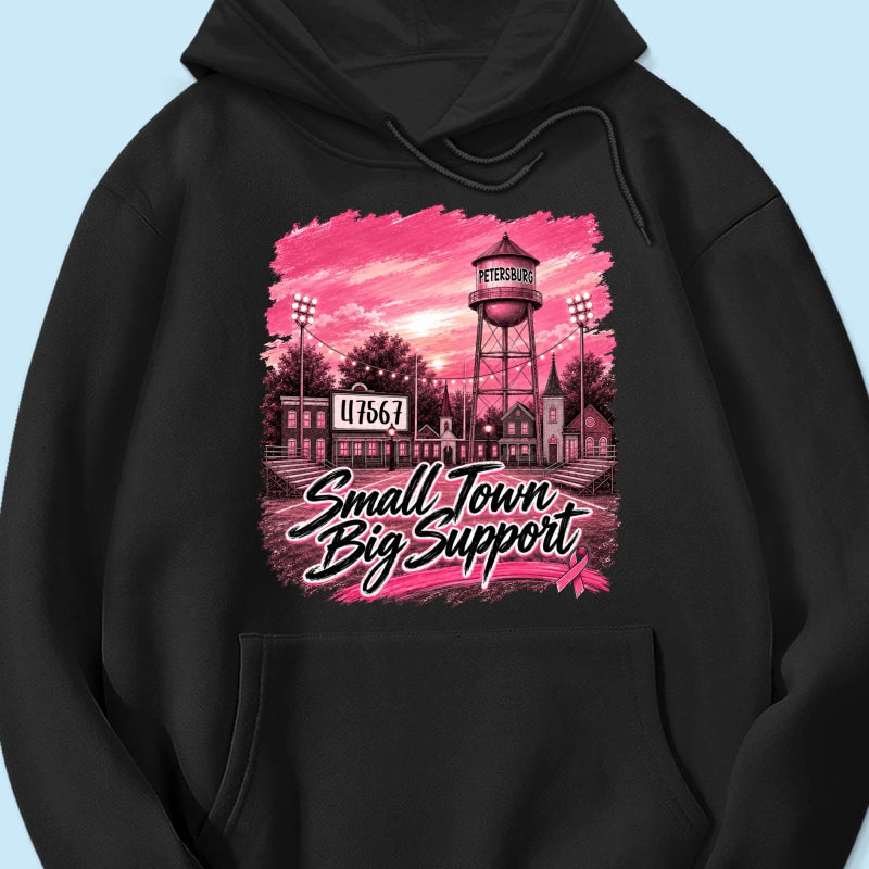 Small Town Big Support Breast Cancer Ribbon Football - Personalized Shirt - Coquette Game Day Mom Tee