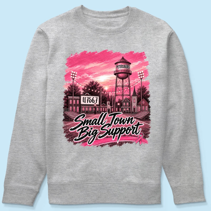 Small Town Big Support Breast Cancer Ribbon Football - Personalized Shirt - Coquette Game Day Mom Tee