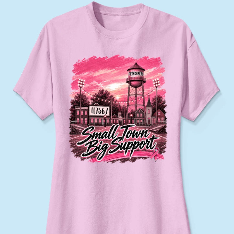 Small Town Big Support Breast Cancer Ribbon Football - Personalized Shirt - Coquette Game Day Mom Tee