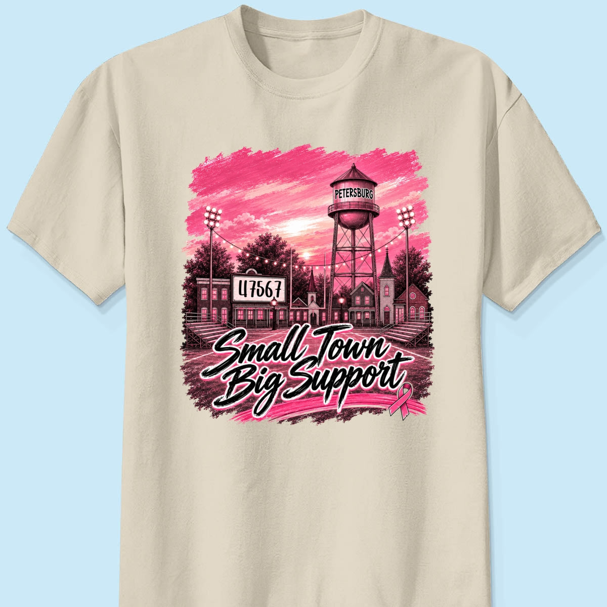 Small Town Big Support Breast Cancer Ribbon Football - Personalized Shirt - Coquette Game Day Mom Tee