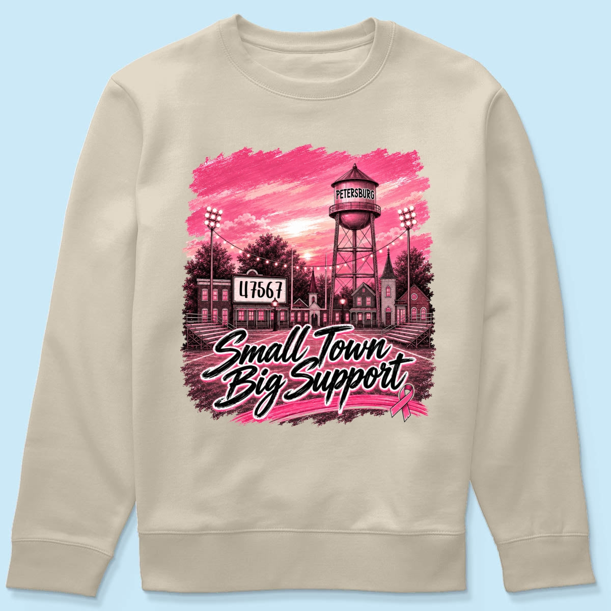 Small Town Big Support Breast Cancer Ribbon Football - Personalized Shirt - Coquette Game Day Mom Tee