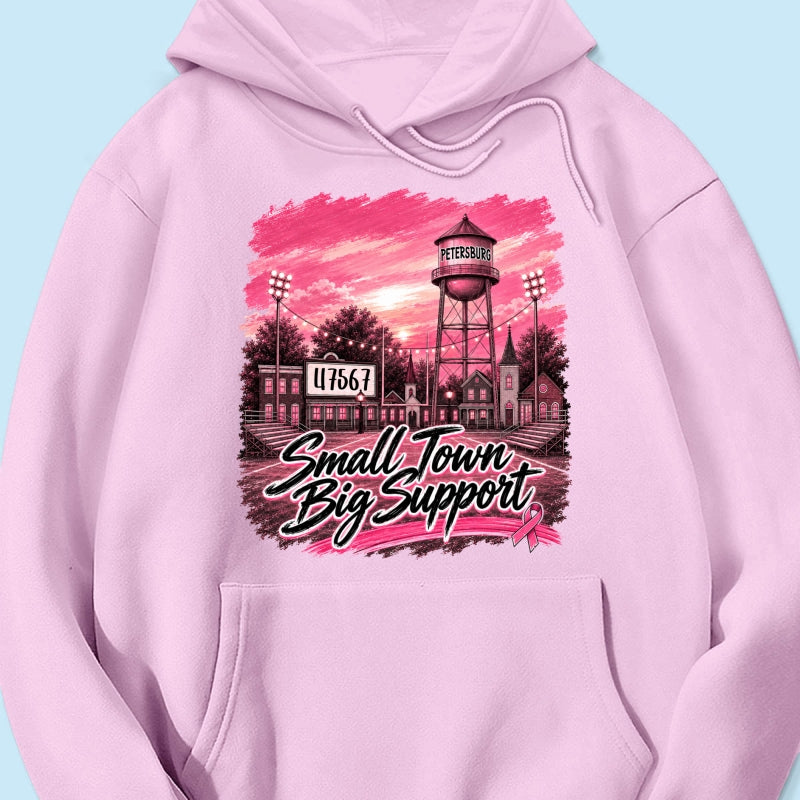 Small Town Big Support Breast Cancer Ribbon Football - Personalized Shirt - Coquette Game Day Mom Tee