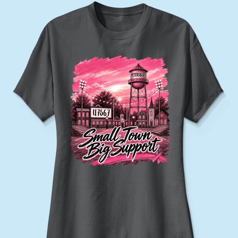 Small Town Big Support Breast Cancer Ribbon Football - Personalized Shirt - Coquette Game Day Mom Tee