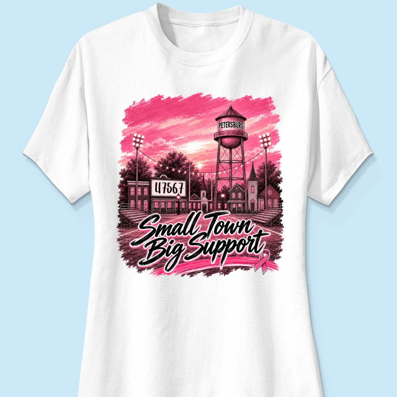Small Town Big Support Breast Cancer Ribbon Football - Personalized Shirt - Coquette Game Day Mom Tee