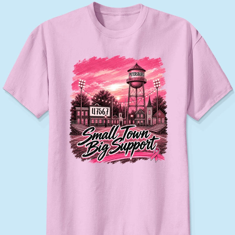 Small Town Big Support Breast Cancer Ribbon Football - Personalized Shirt - Coquette Game Day Mom Tee