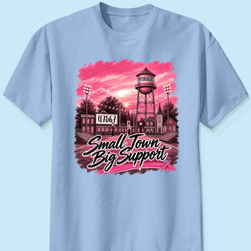 Small Town Big Support Breast Cancer Ribbon Football - Personalized Shirt - Coquette Game Day Mom Tee