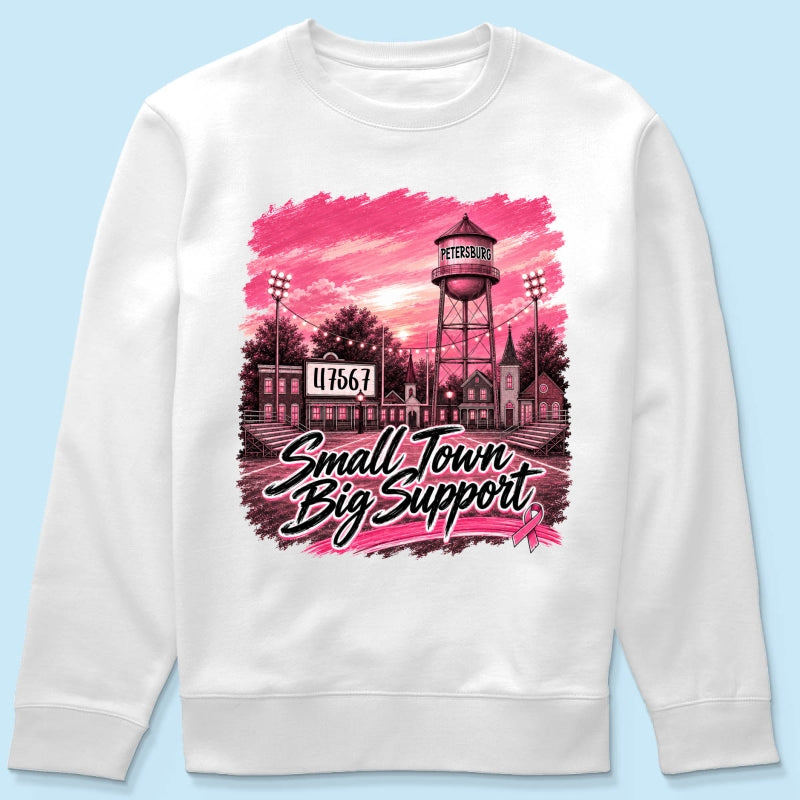 Small Town Big Support Breast Cancer Ribbon Football - Personalized Shirt - Coquette Game Day Mom Tee
