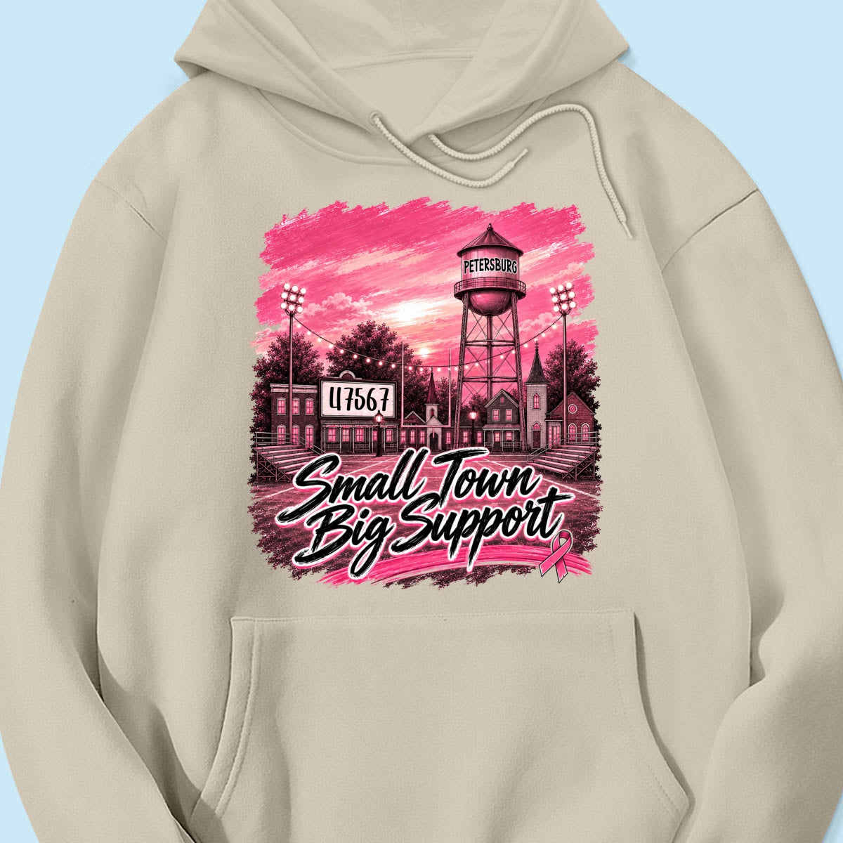 Small Town Big Support Breast Cancer Ribbon Football - Personalized Shirt - Coquette Game Day Mom Tee
