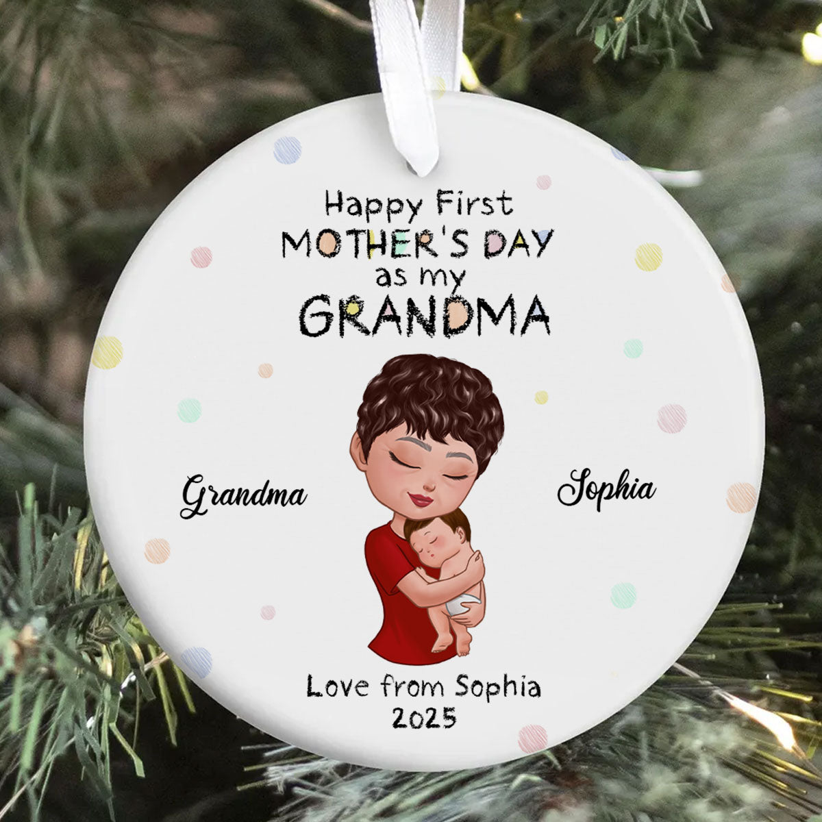 Happy First Mother's Day Mom Grandma Hugging Kid Crayon Patterned Personalized Circle Ceramic Ornament