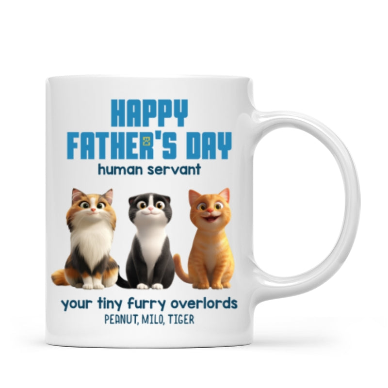 Happy Father's Day Human Servant Personalized Mug, Cute Cartoon Cats, Unique Father's Day Gift for Cat Dads