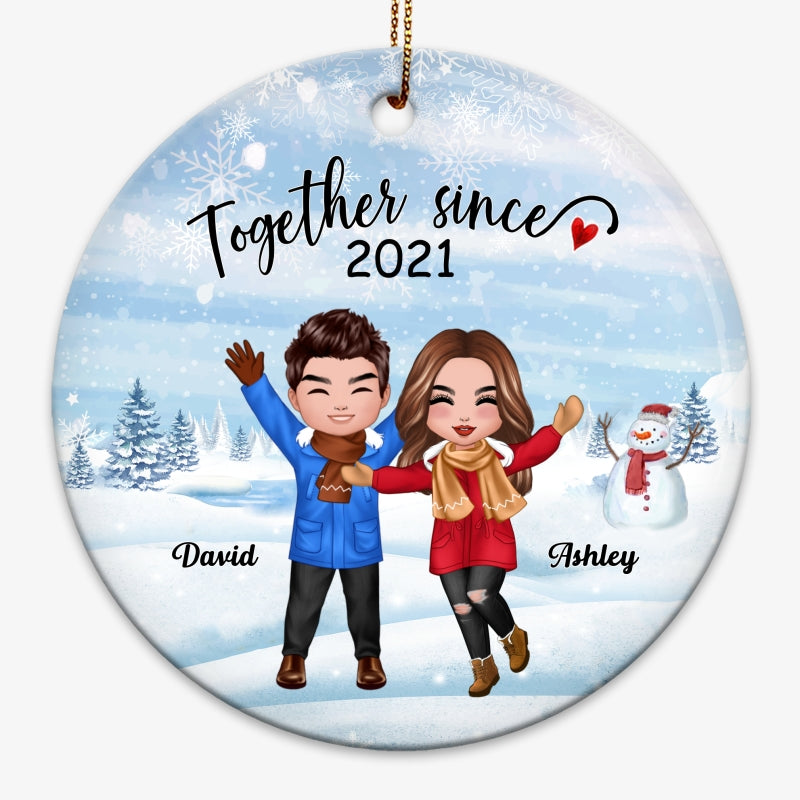 Happy Doll Couple In Snow Christmas Personalized Circle Ornament