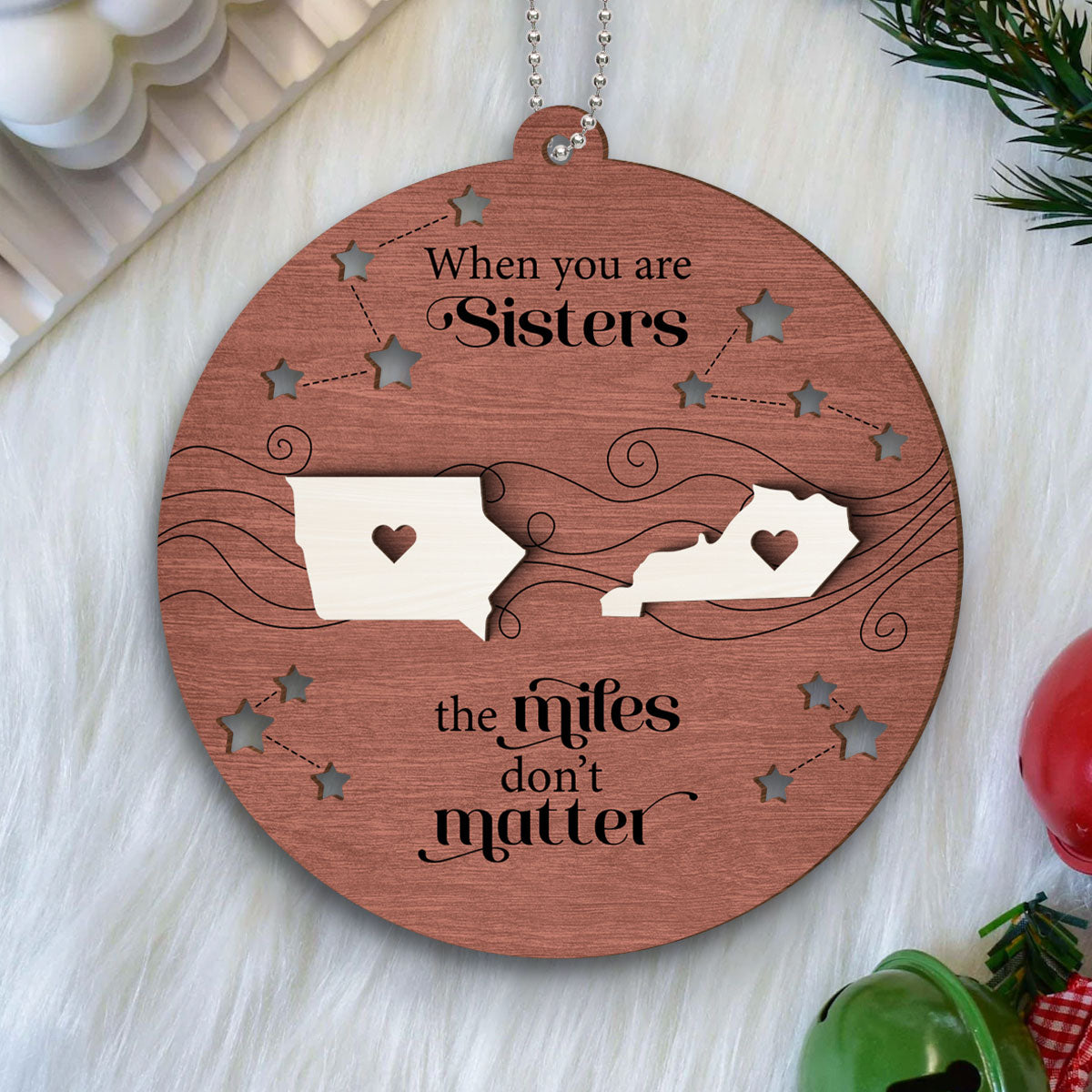 Custom Long Distance 2-Layer Wooden Ornament, Heartfelt Christmas Gift for Family, Friends, Sisters, Besties