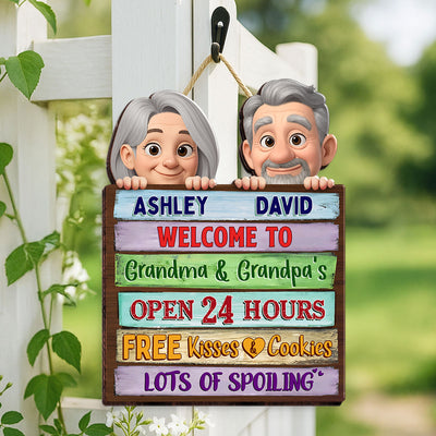 Welcome To Grandma Grandpa's Peeking Colorful Palletes Personalized Wood Sign