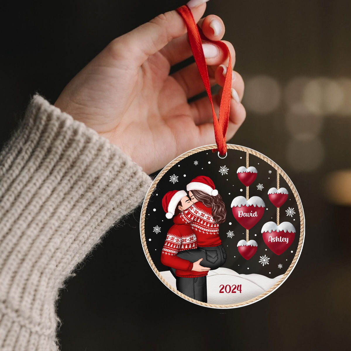 Couple Heartstring Hugging Kissing Personalized Acrylic Ornament, Christmas gift for him, for her