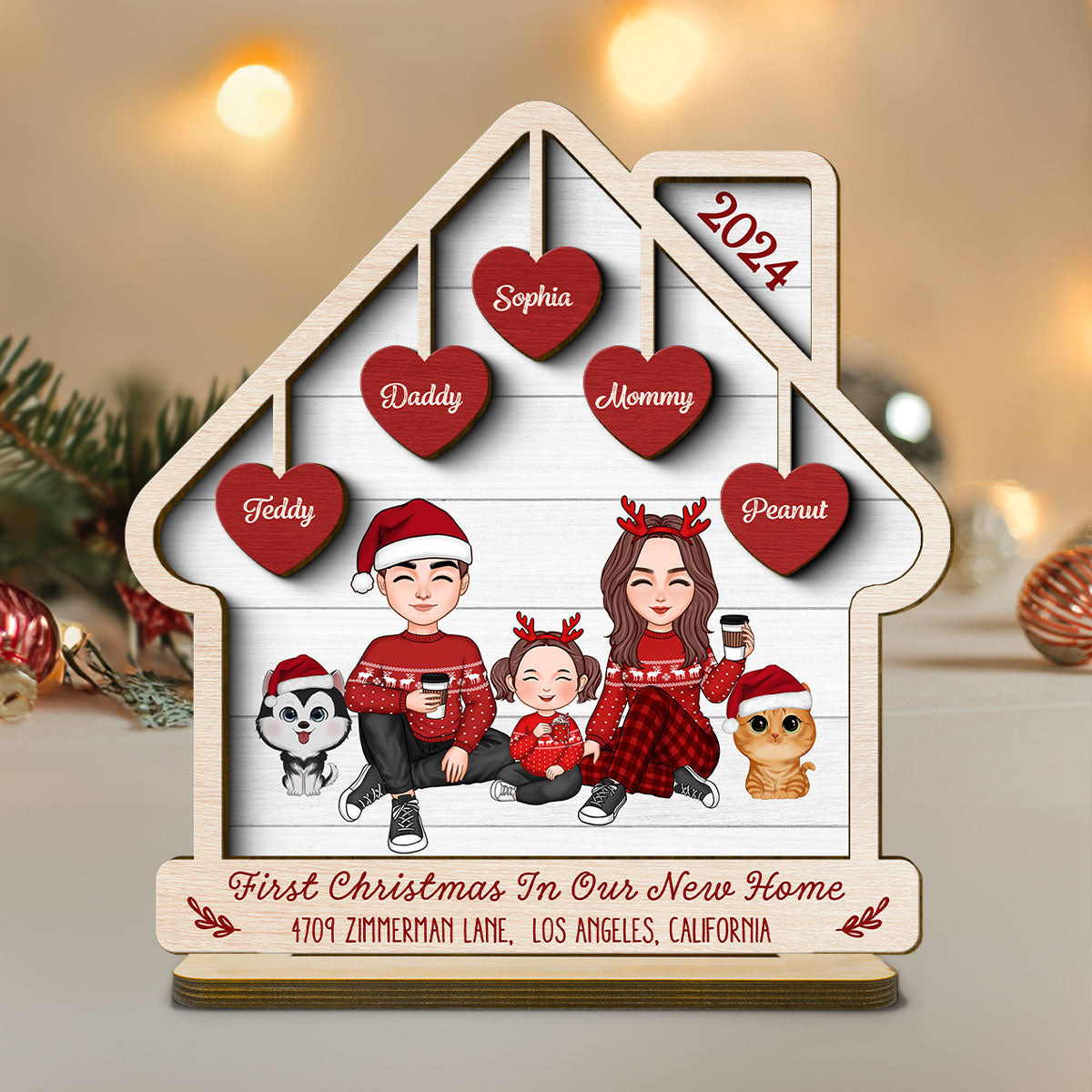 First Christmas In Our New Home Personalized 2 Layer Standing Wooden Plaque, Christmas Housewarming Gift