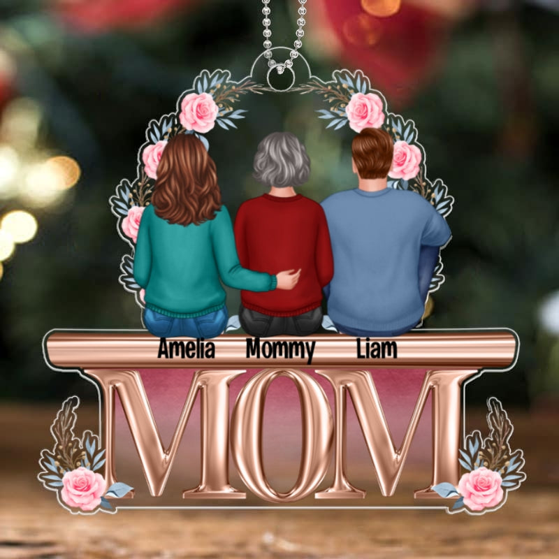 Mother Daughter Son Sitting On Text Personalized Christmas Acrylic Ornament
