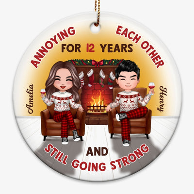 Couple Sitting On Chair Cozy Fireplace Personalized Circle Ornament