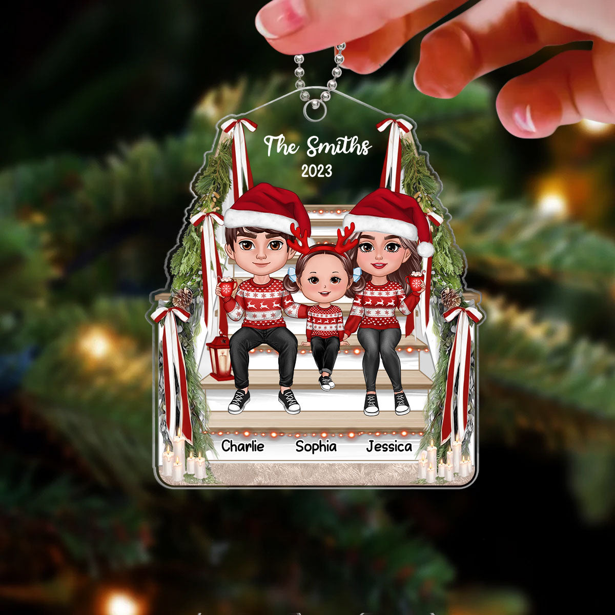 Family Sitting On Stair Christmas Gift Personalized Acrylic Ornament