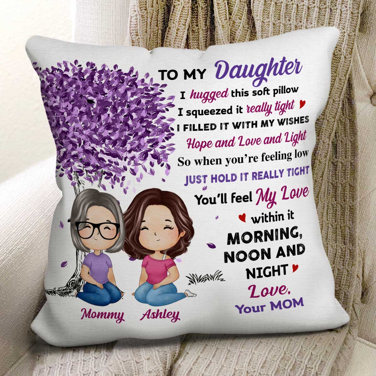 Doll Mom Daughter Watercolor Style Sitting Under Purple Tree To My Daughter Personalized Pillow