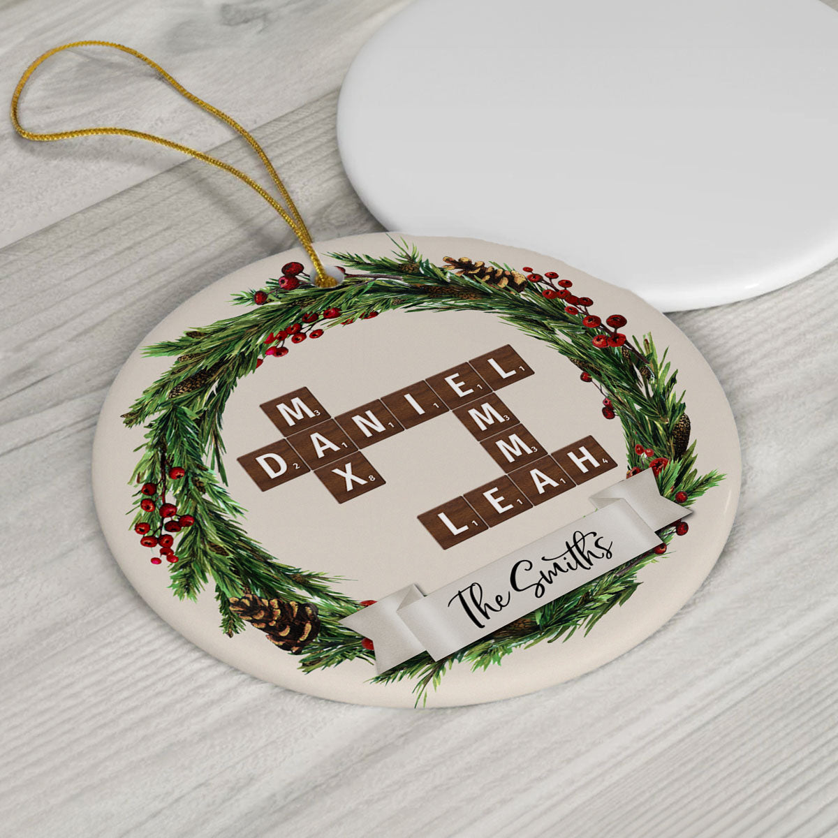 Family Wreath Crossword Puzzle Personalized Ceramic Ornament, Christmas Tree Decor, Christmas Gift for Husband, Wife, Children