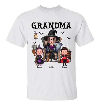 Halloween Grandma Witch Sitting On Chair Doll Kids Personalized Shirt