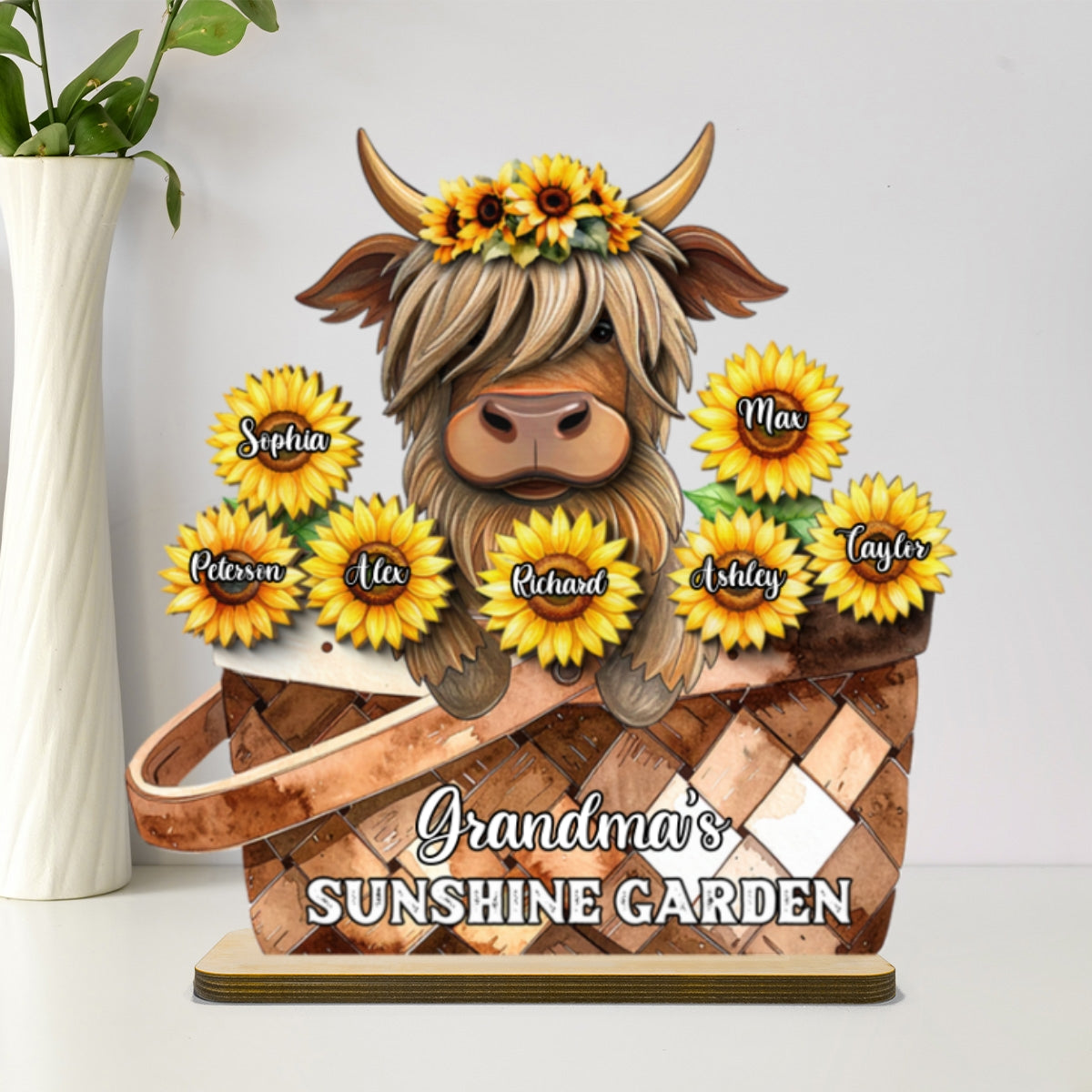 Cute Highland Cow Sunflower with Grandkids’ Names Sunny Vibe Personalized 2-Layer Standing Wooden Plaque