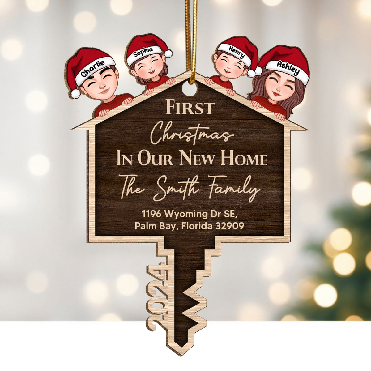 First Christmas In Our New Home Personalized Wooden Ornament, House Key Ornament For Christmas