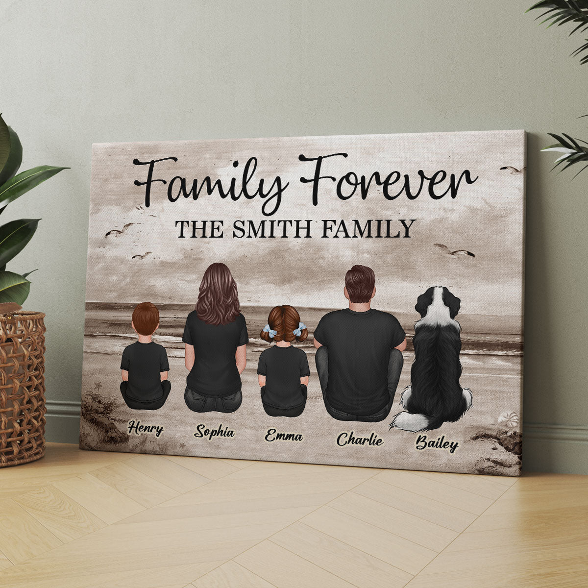 Retro Vintage Family Sitting Beach Landscape Personalized Canvas, Gift For Husband, Wife, Dad, Mom