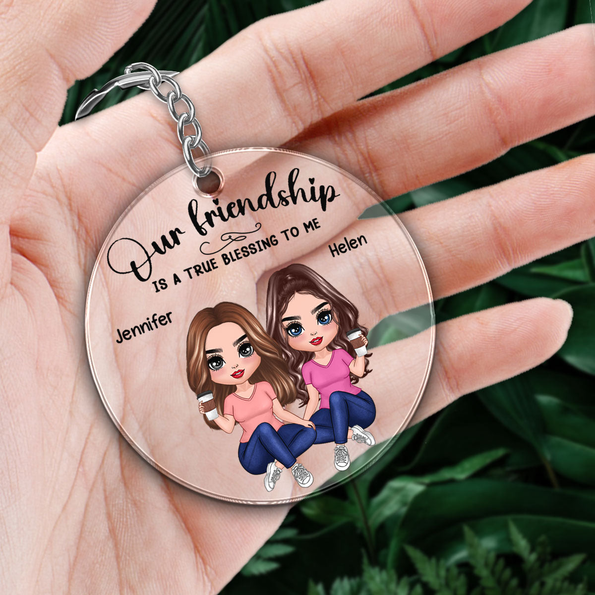 Our Friendship Is True Blessing Pretty Besties Sisters Sitting Personalized Acrylic Keychain