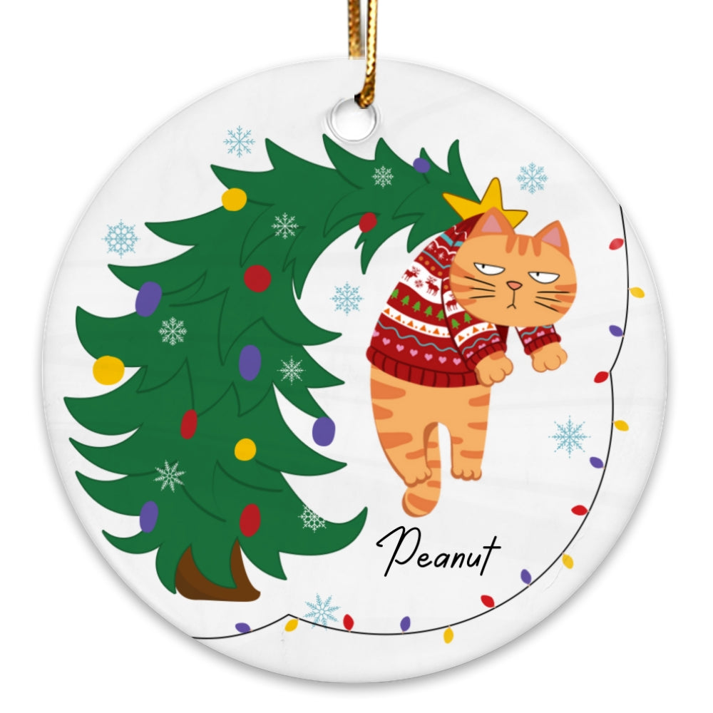 Naughty Cat Hanging On Christmas Tree Personalized Ceramic Ornament, Gift For Cat Lover