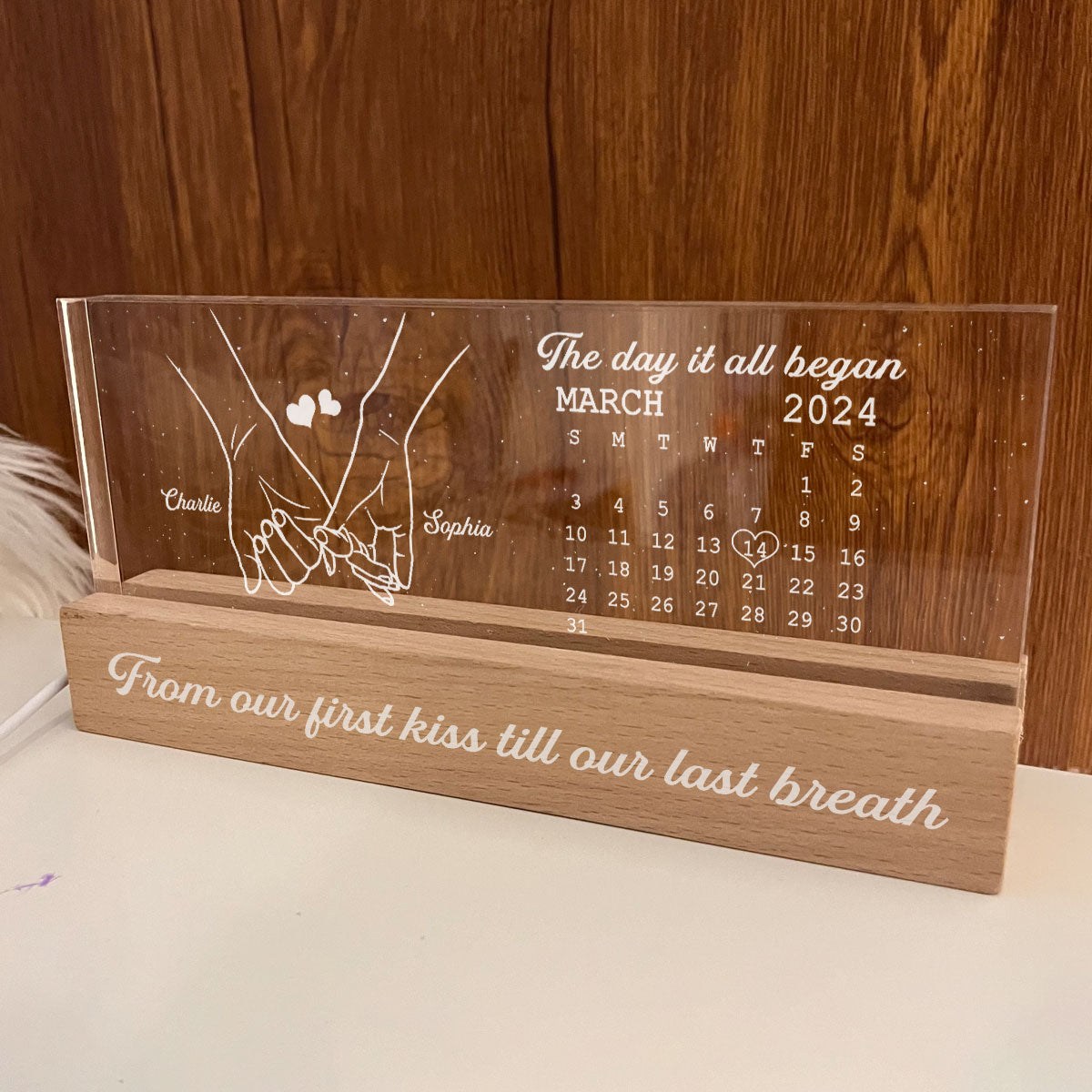 The Day It All Began Couple Anniversary Calendar Keepsake Hand In Hand Personalized Acrylic Block LED Night Light