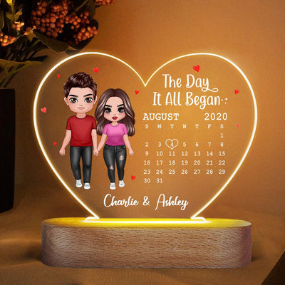 Doll Couple Standing Calendar Anniversary Date Personalized Acrylic Heart Plaque LED Night Light