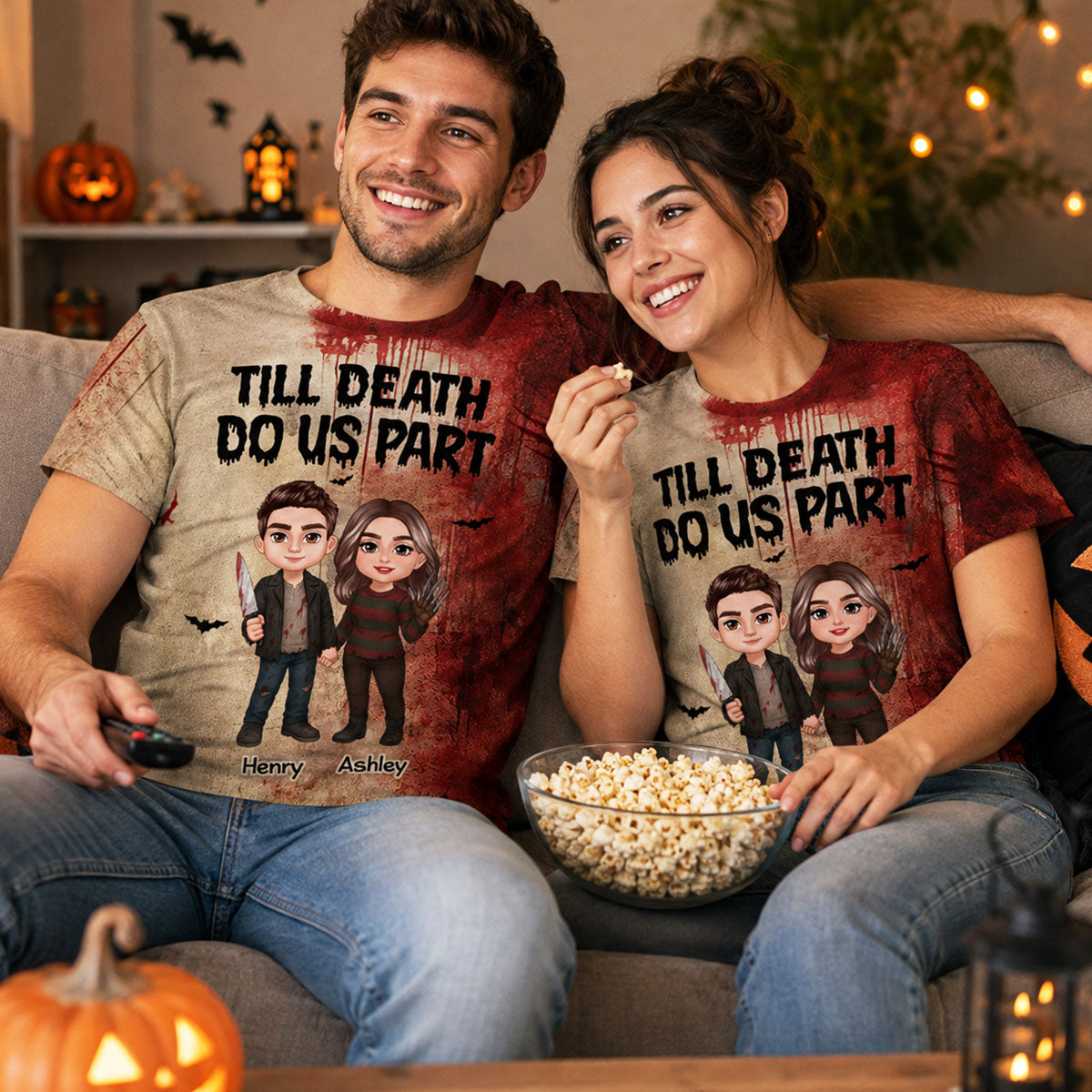 Halloween Horror Theme Couple Till Death Do Us Part - Personalized Shirt - Halloween Matching Shirts For Couple