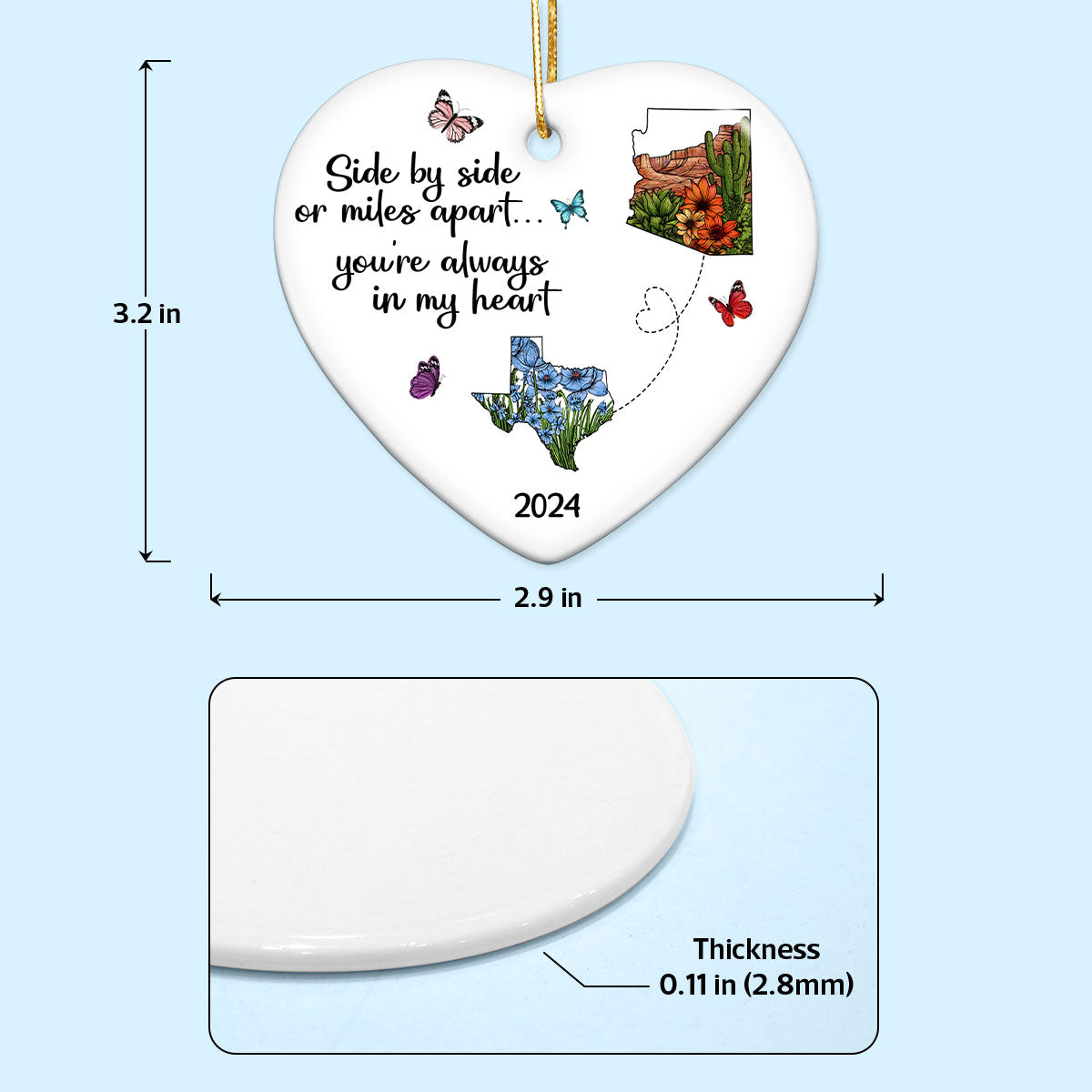 Miles Apart Long Distance Friendship Family Watercolor Wildflower State Map Personalized Ceramic Heart Ornament, Togetherness Keepsake