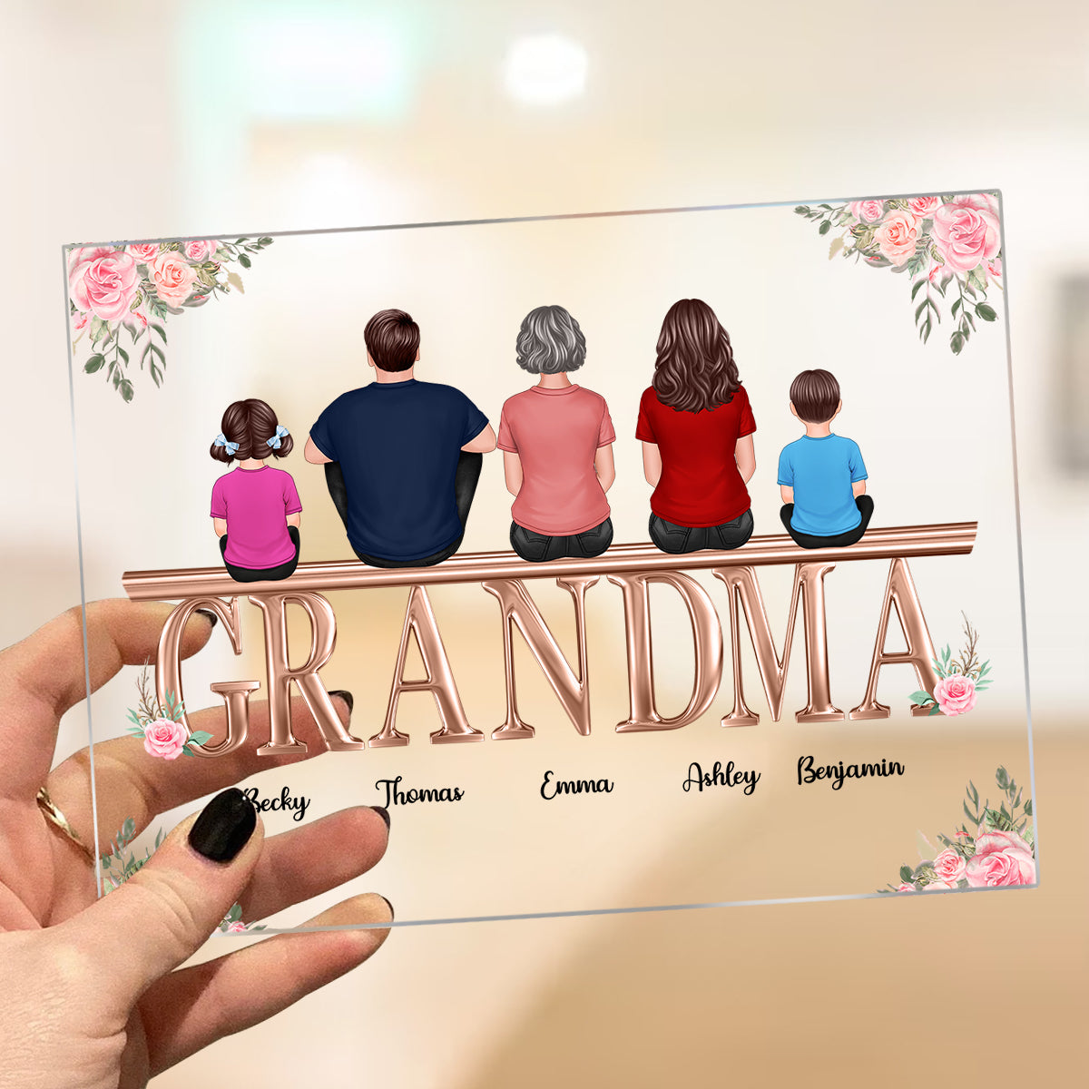 Floral Back View Grandma Grandkids Sitting On Words Personalized Acrylic Plaque