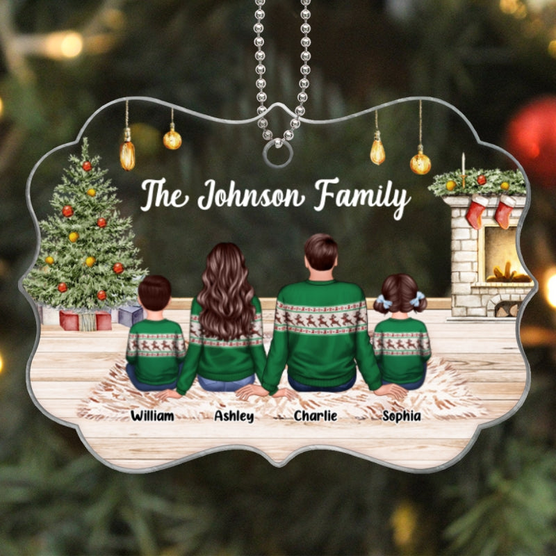 Family Back View Wearing Ugly Sweater In House Personalized Acrylic Ornament