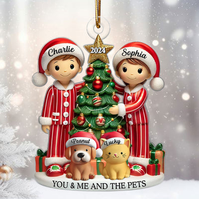 Couple Decorating The Christmas Tree With Dogs Cats Personalized Acrylic Ornament, Gift For Cat Lovers, Dog Lovers