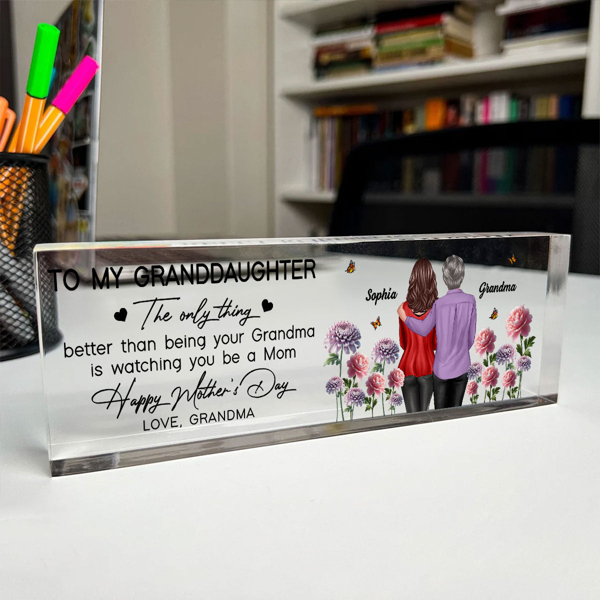 To My Granddaughter From Grandma Happy Mother's Day Birth Flower Personalized Desk Block, Gift For Granddaughter