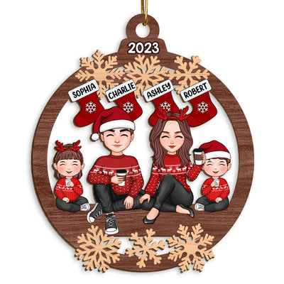 Doll Family Sitting Under Christmas Stocking Personalized Wooden Ornament