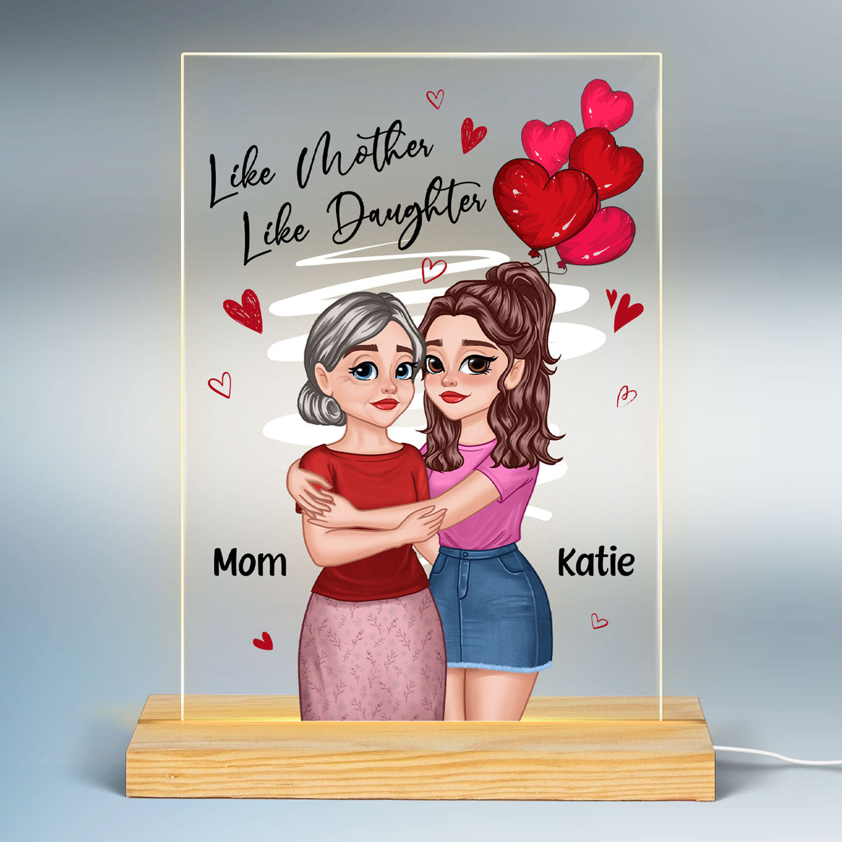 Red Hearts Like Mother Like Daughters Cartoon Hugging Mom Daughters Personalized Rectangle Acrylic Plaque With LED Night Light