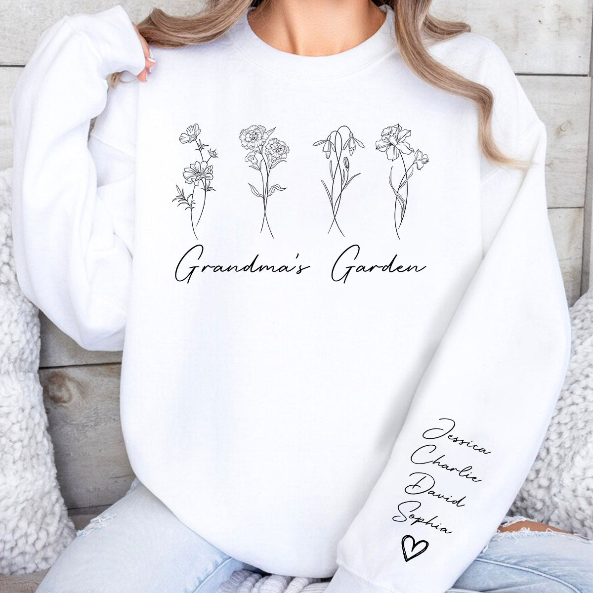 Outline Birth Month Flowers Personalized Sleeve Printed Sweatshirt, Gift For Mom Grandma Aunt