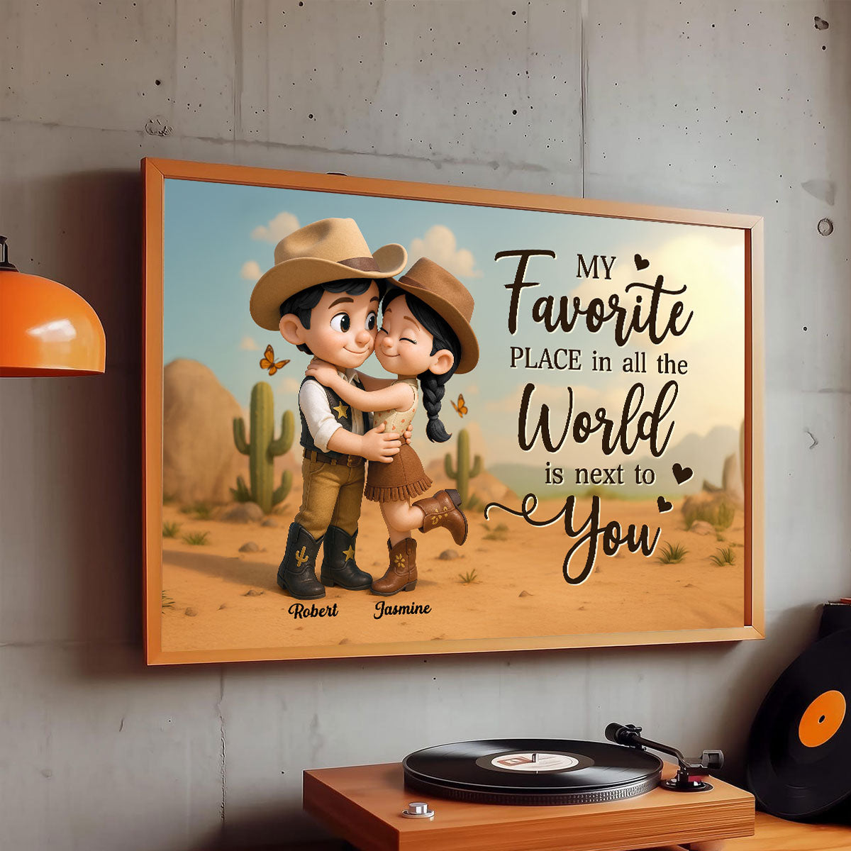 Favorite Place Is Next To You Cartoon Style Countryside Couple Cowboy Cowgirl Home Decor Personalized Poster