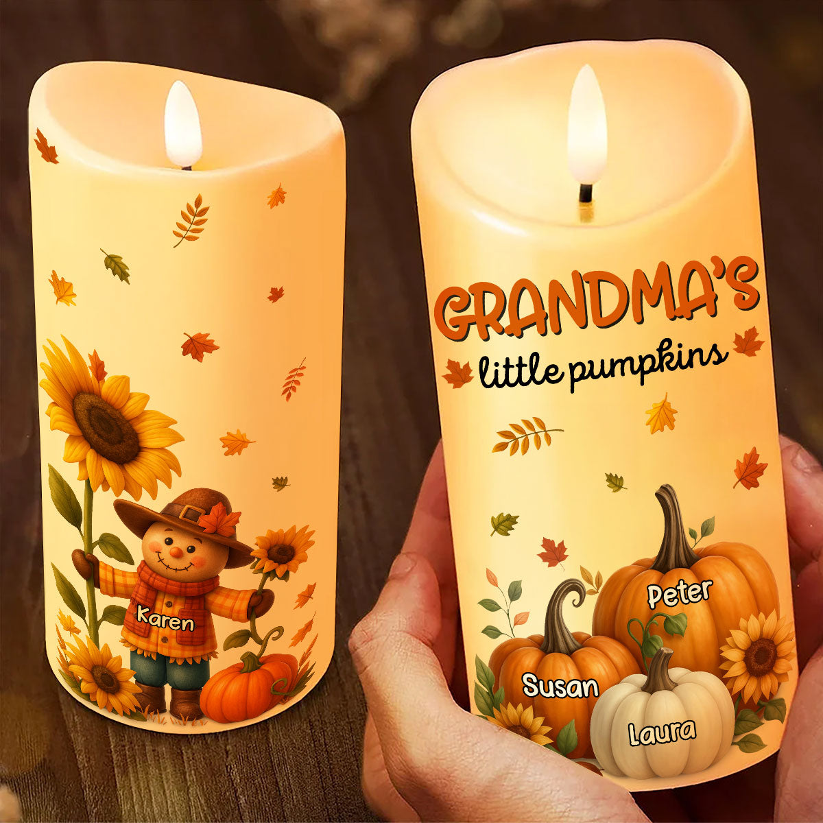 Grandma's Pumpkin Patch Scarecrow Personalized LED Candle, Cozy Fall Decor for Grandma