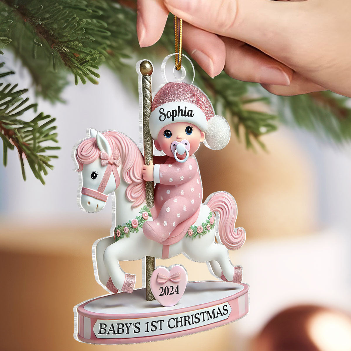 Baby On Merry-go-round Horse 1st Christmas Keepsake 3D Effect Personalized Acrylic Flat Ornament