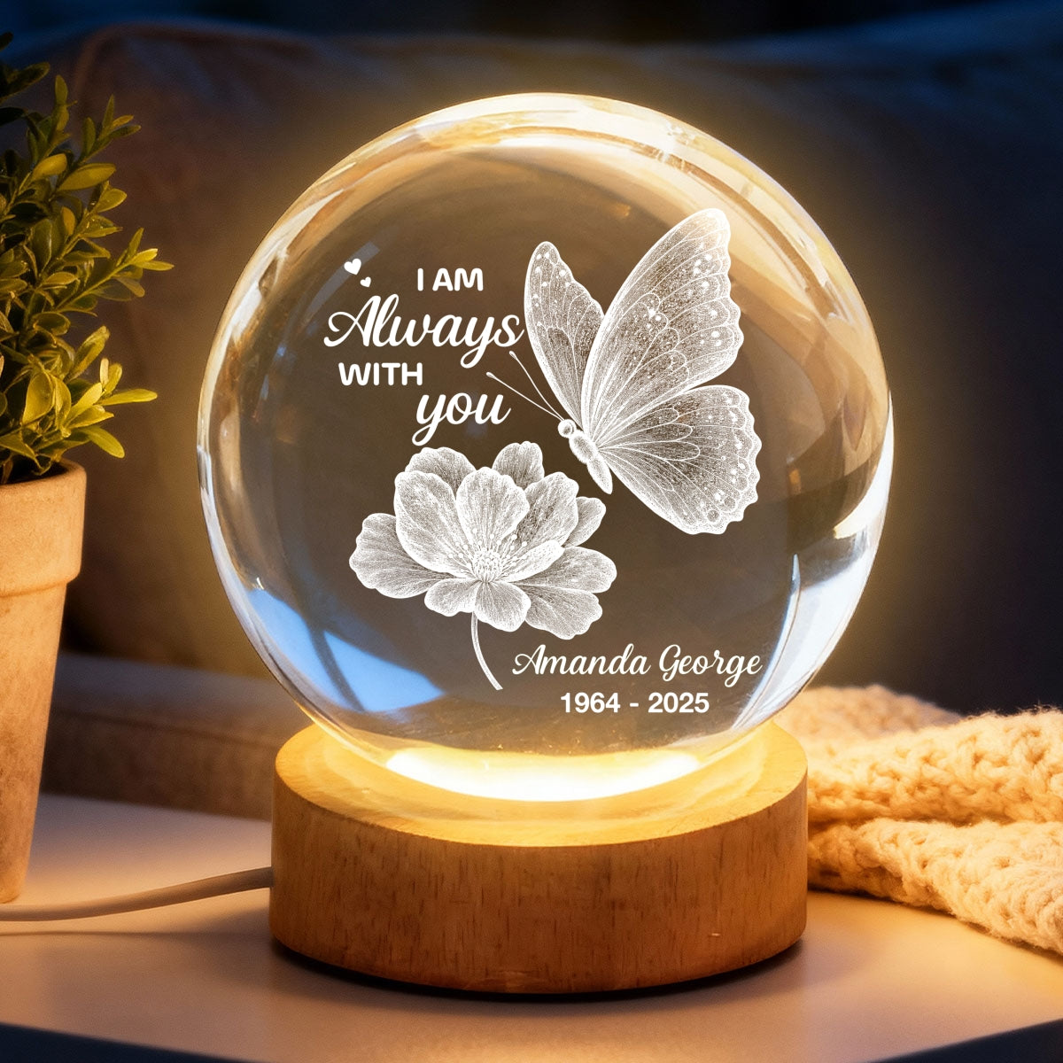 Now She Flies With Butterflies Memorial - Personalized Crystal Ball LED Night Light - Memorial Keepsake Remembrance Gift For Lost Loved Ones