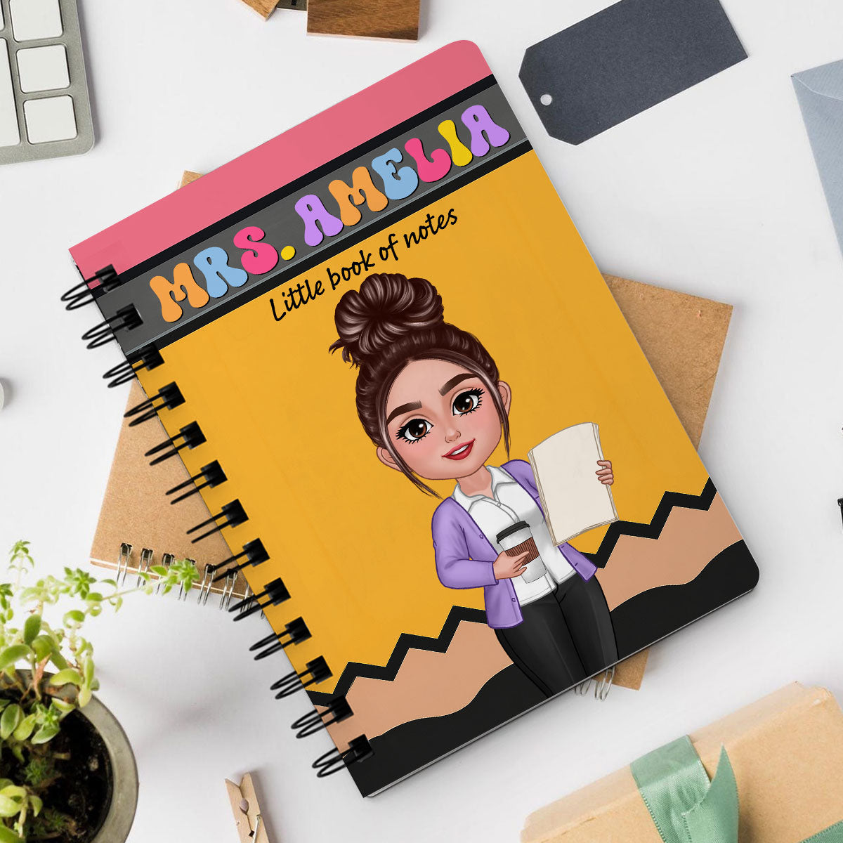 Pencil Themed Teacher With Name Personalized Spiral Notebook Journal, Back To School Stationery