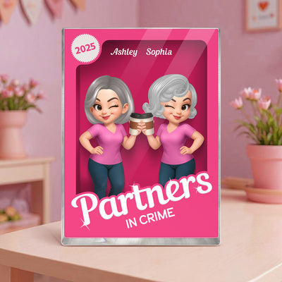 Besties Forever Pink Action Figure 3D Effect Personalized Acrylic Block, Meaningful Gift For Best Friend